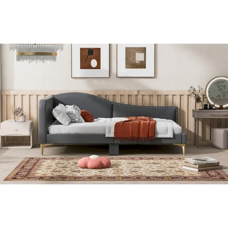 Lit de repos rembourré pleine/double taille avec tête de lit et accoudoir, pieds de soutien, lit pleine/double taille