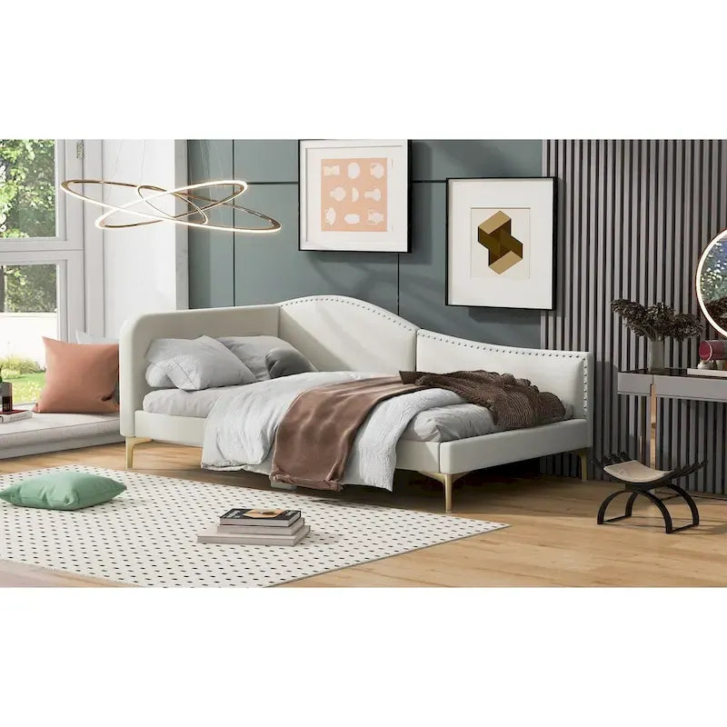 Lit de repos rembourré pleine/double taille avec tête de lit et accoudoir, pieds de soutien, lit pleine/double taille