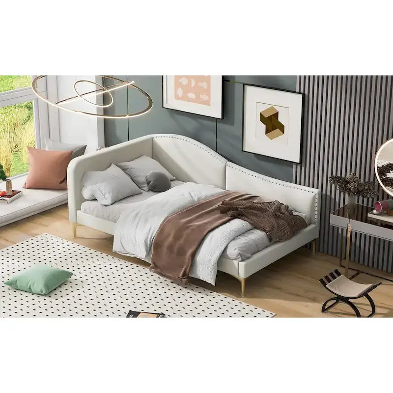 Lit de repos rembourré pleine/double taille avec tête de lit et accoudoir, pieds de soutien, lit pleine/double taille