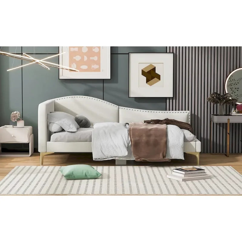 Lit de repos rembourré pleine/double taille avec tête de lit et accoudoir, pieds de soutien, lit pleine/double taille
