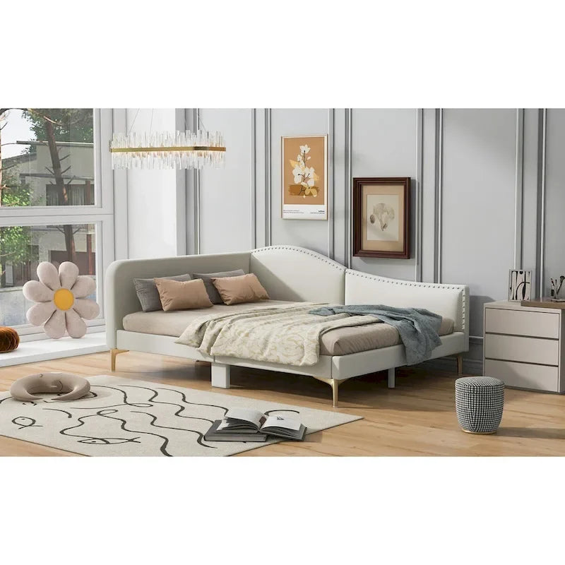 Lit de repos rembourré pleine/double taille avec tête de lit et accoudoir, pieds de soutien, lit pleine/double taille