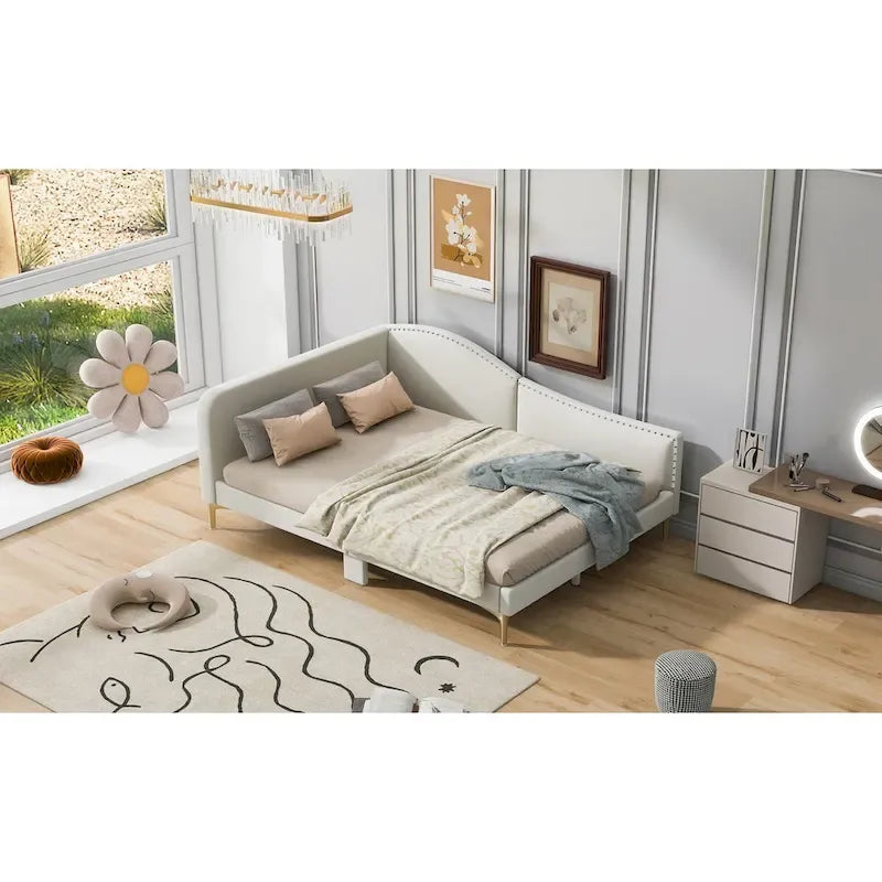 Lit de repos rembourré pleine/double taille avec tête de lit et accoudoir, pieds de soutien, lit pleine/double taille
