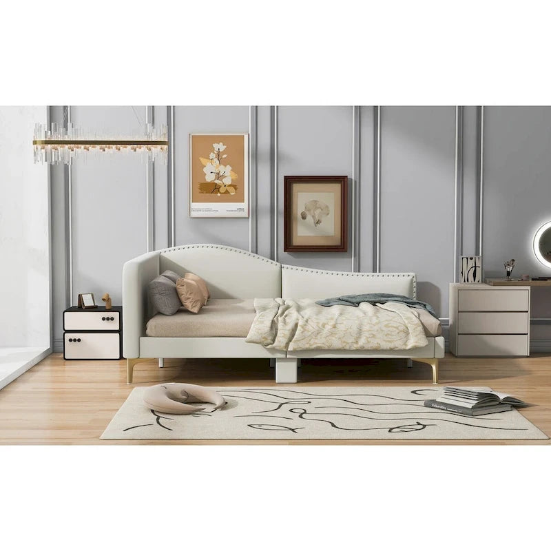 Lit de repos rembourré pleine/double taille avec tête de lit et accoudoir, pieds de soutien, lit pleine/double taille