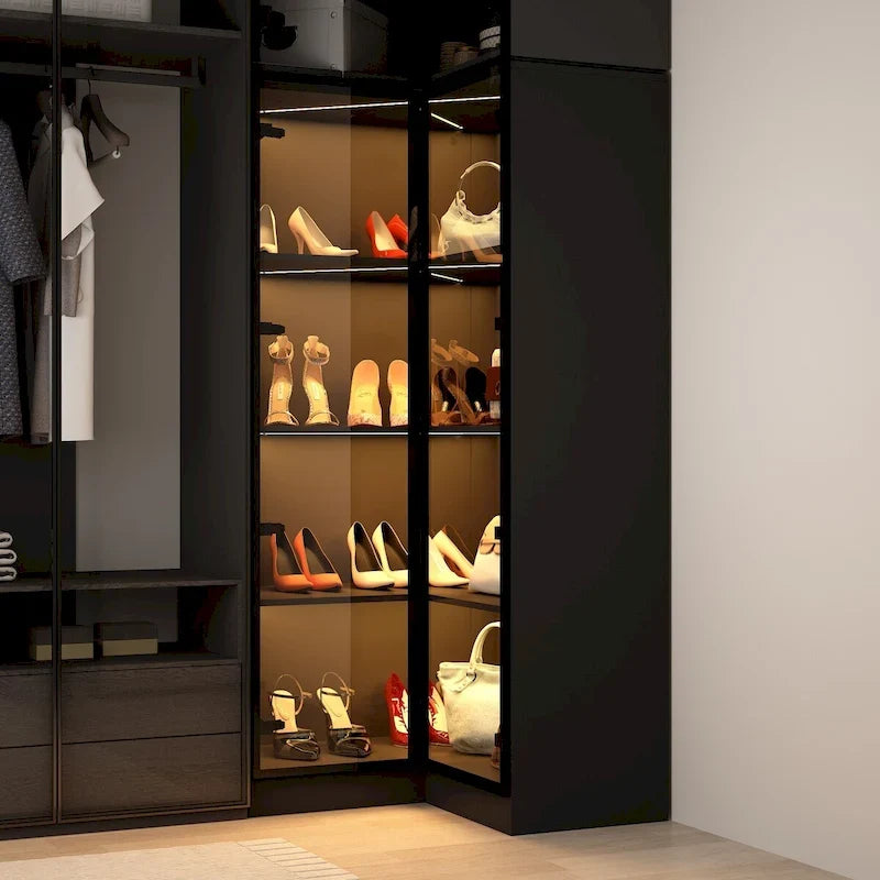 Ensemble d'armoires-penderies avec portes en verre noir, bandeaux lumineux et armoire de rangement