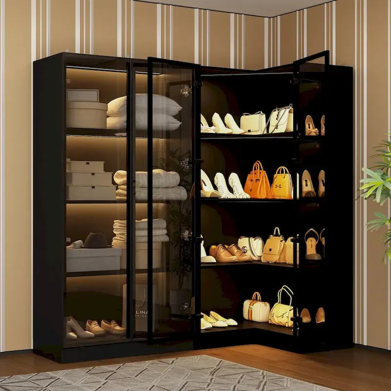 Ensemble d'armoires-penderies avec portes en verre noir, bandeaux lumineux et armoire de rangement