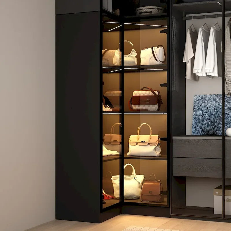Ensemble d'armoires-penderies avec portes en verre noir, bandeaux lumineux et armoire de rangement