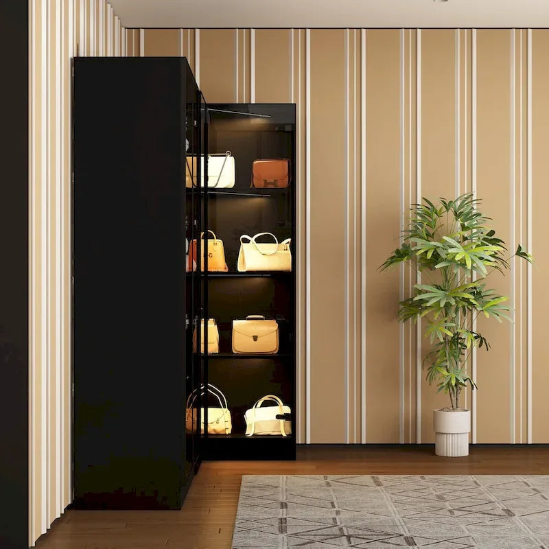 Ensemble d'armoires-penderies avec portes en verre noir, bandeaux lumineux et armoire de rangement