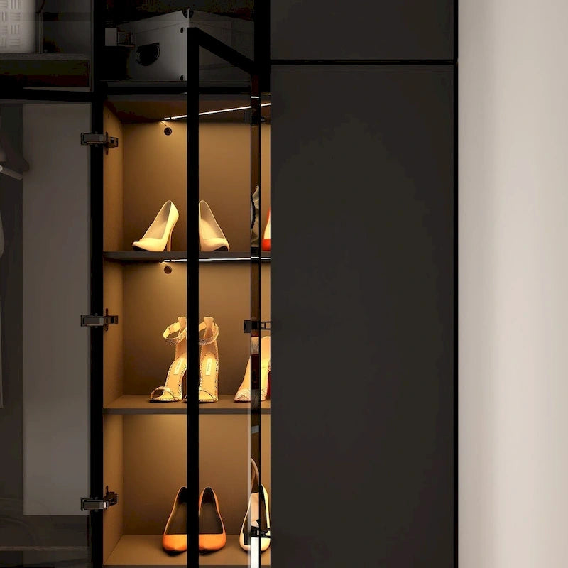 Ensemble d'armoires-penderies avec portes en verre noir, bandeaux lumineux et armoire de rangement
