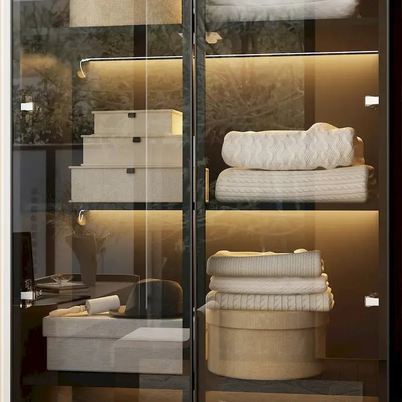 Ensemble d'armoires-penderies avec portes en verre noir, bandeaux lumineux et armoire de rangement