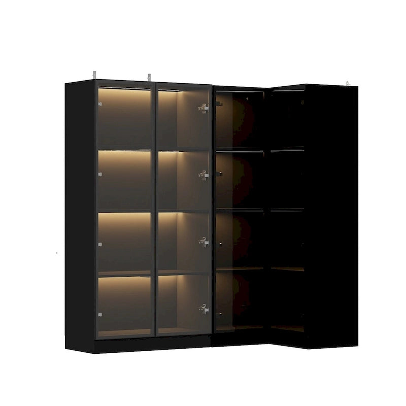 Ensemble d'armoires-penderies avec portes en verre noir, bandeaux lumineux et armoire de rangement