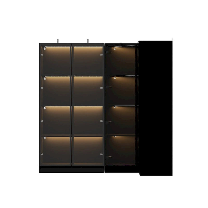 Ensemble d'armoires-penderies avec portes en verre noir, bandeaux lumineux et armoire de rangement