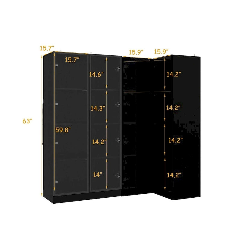 Ensemble d'armoires-penderies avec portes en verre noir, bandeaux lumineux et armoire de rangement