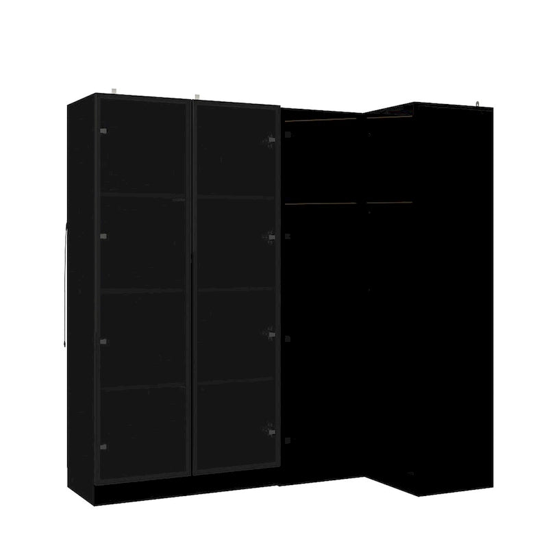 Ensemble d'armoires-penderies avec portes en verre noir, bandeaux lumineux et armoire de rangement
