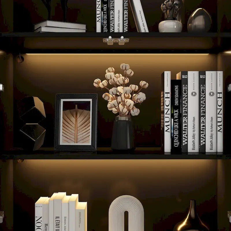 Ensemble d'armoires-penderies avec portes en verre noir, bandeaux lumineux et armoire de rangement