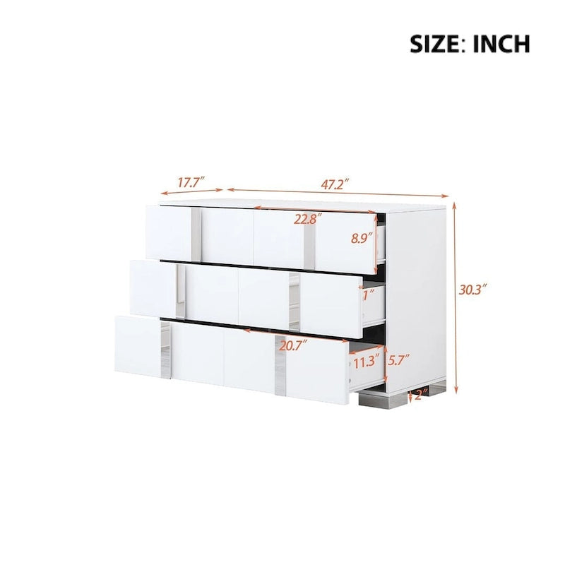 Commode moderne à 6 tiroirs avec poignées effet miroir