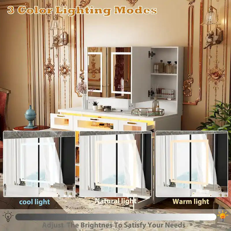 Coiffeuse blanche élégante avec lumières LED, miroirs et rangements