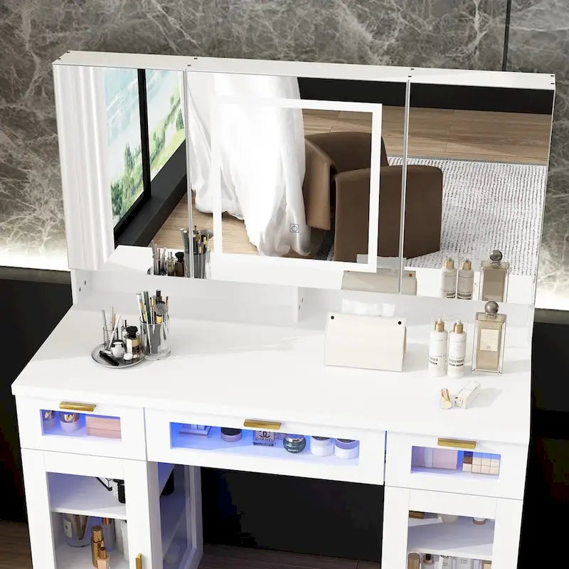 Coiffeuse blanche élégante avec lumières LED, miroirs et rangements