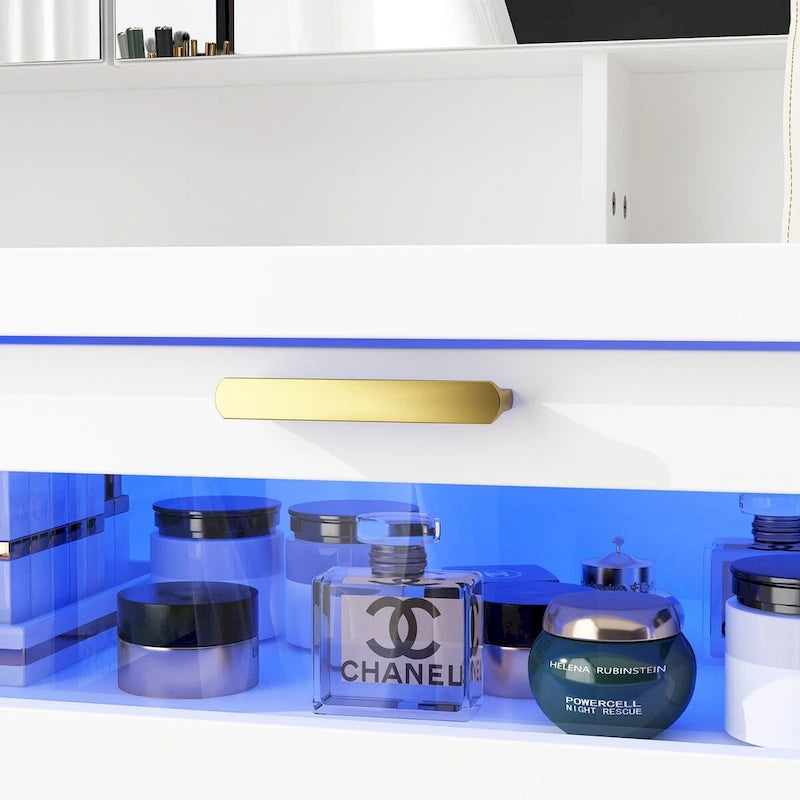Coiffeuse blanche élégante avec lumières LED, miroirs et rangements