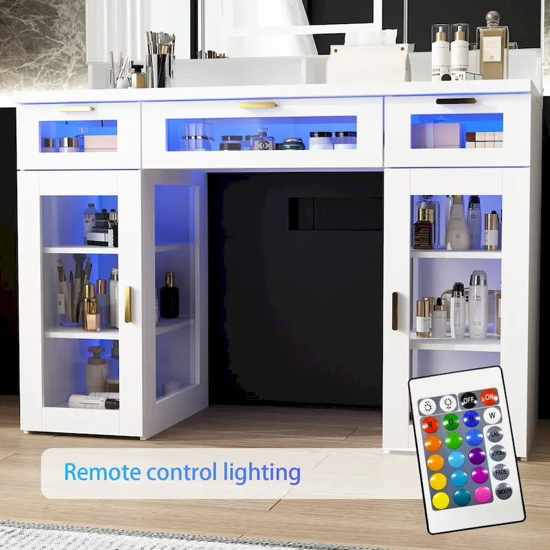 Coiffeuse blanche élégante avec lumières LED, miroirs et rangements