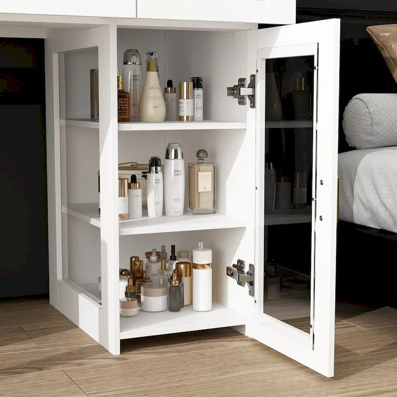Coiffeuse blanche élégante avec lumières LED, miroirs et rangements