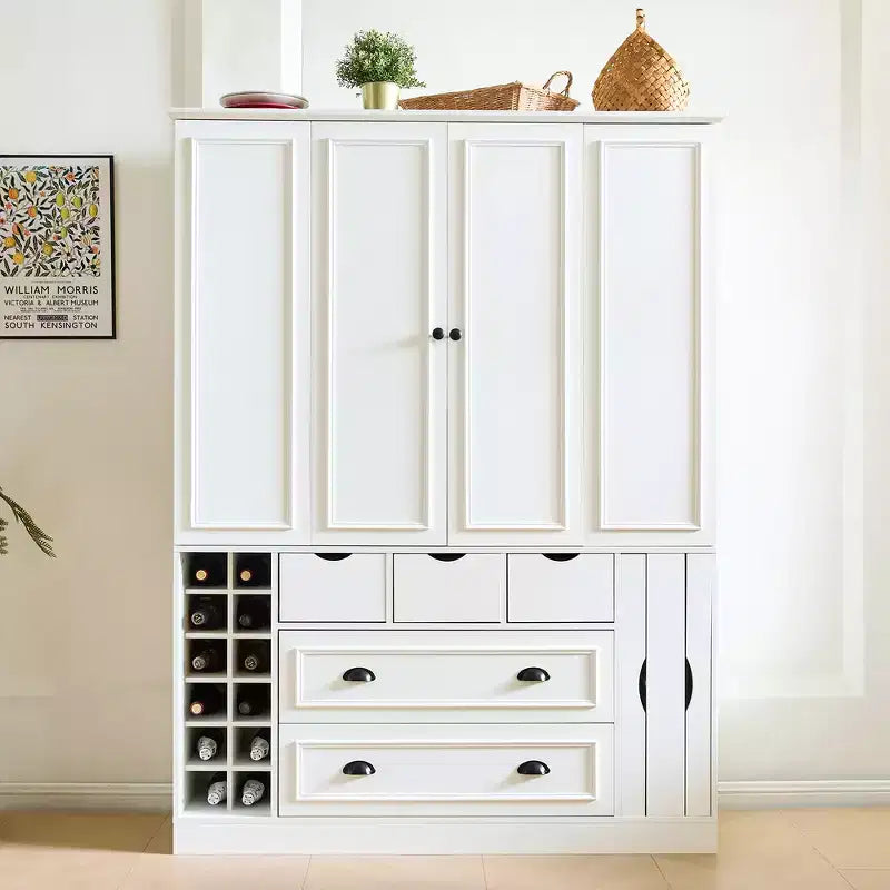 Garde-manger de cuisine autoportant Whisen de 180 cm de haut, grand buffet de salle à manger avec 4 portes pliantes, étagères, porte-bouteilles