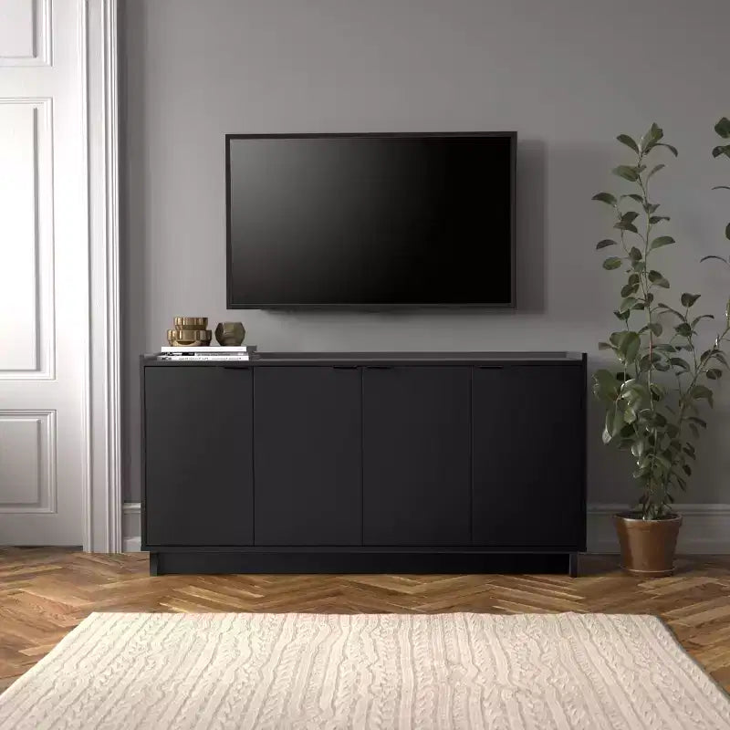 Console/Meuble de Rangement Contemporain 4 Portes, Noir