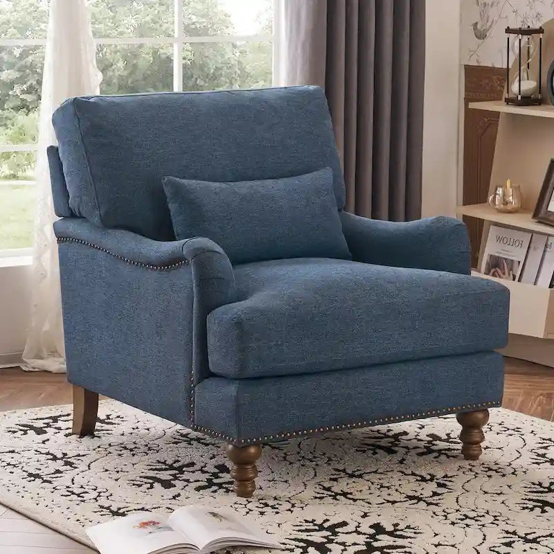 Fauteuil moderne rembourré avec structure en bois massif et coussin lombaire pour salon