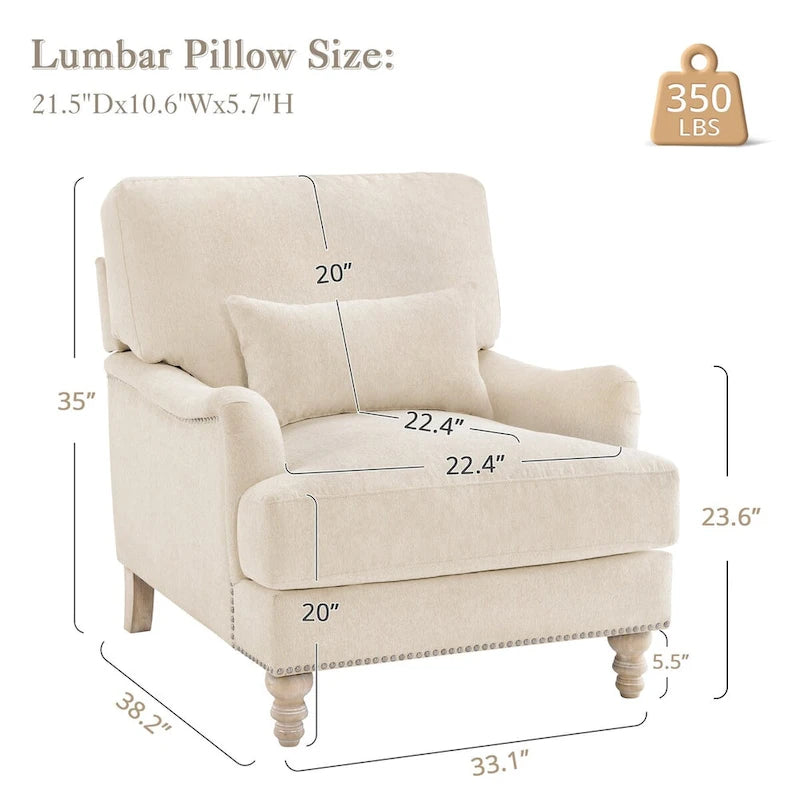 Fauteuil moderne rembourré avec structure en bois massif et coussin lombaire pour salon