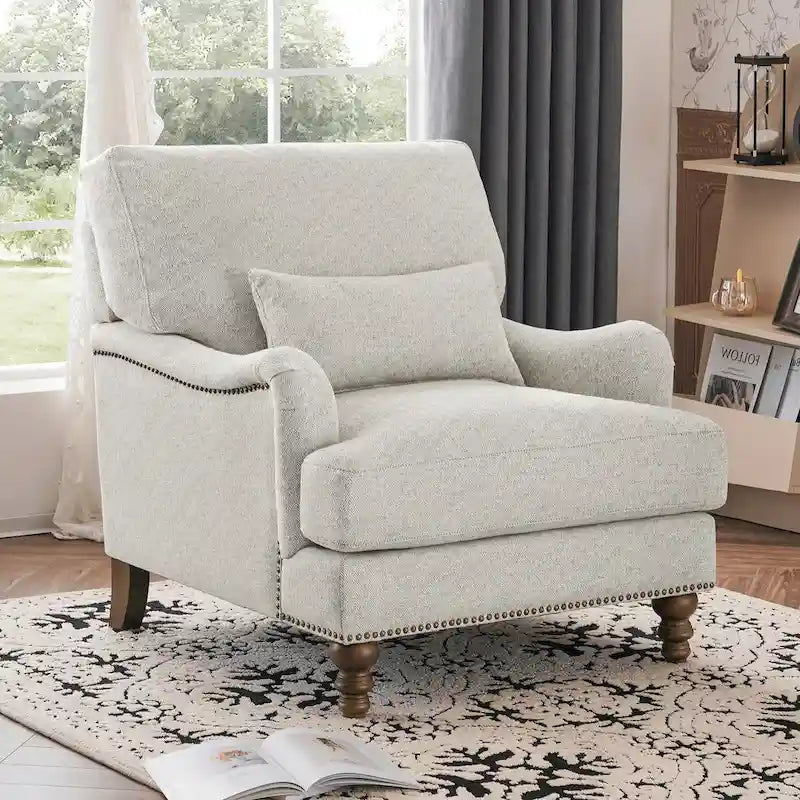 Fauteuil moderne rembourré avec structure en bois massif et coussin lombaire pour salon