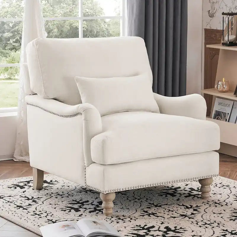 Fauteuil moderne rembourré avec structure en bois massif et coussin lombaire pour salon