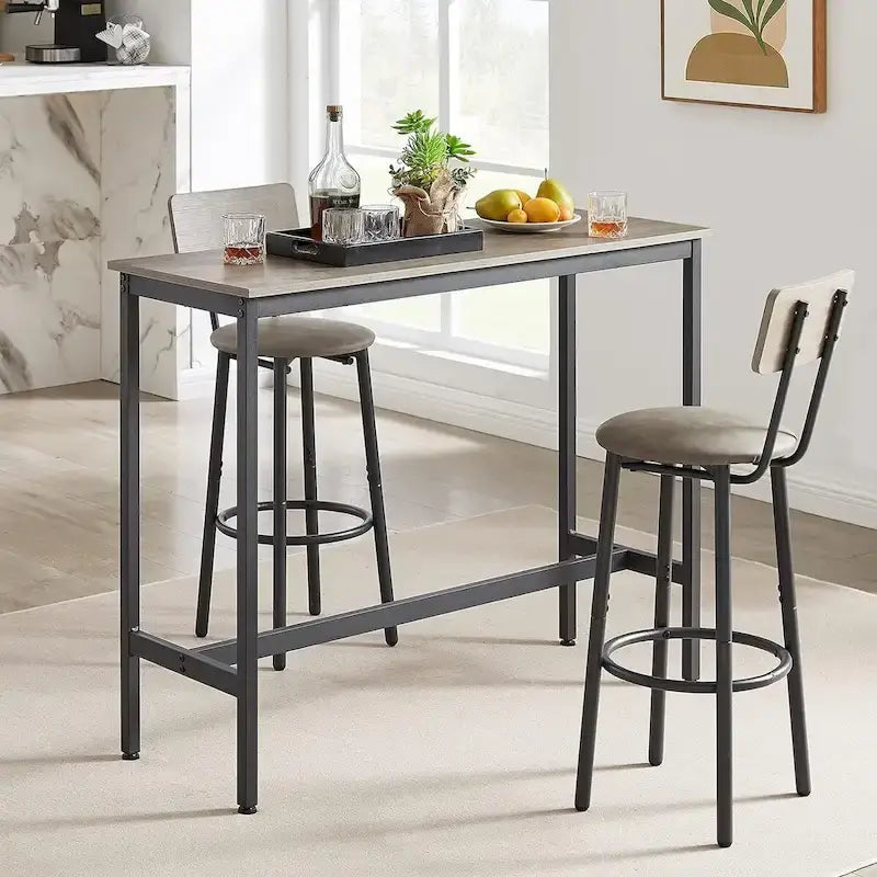 Ensemble Table de Bar et 2 Chaises 3 Pièces, Tabourets de Bar Style Industriel Assise Rembourrée en PU avec Dossier