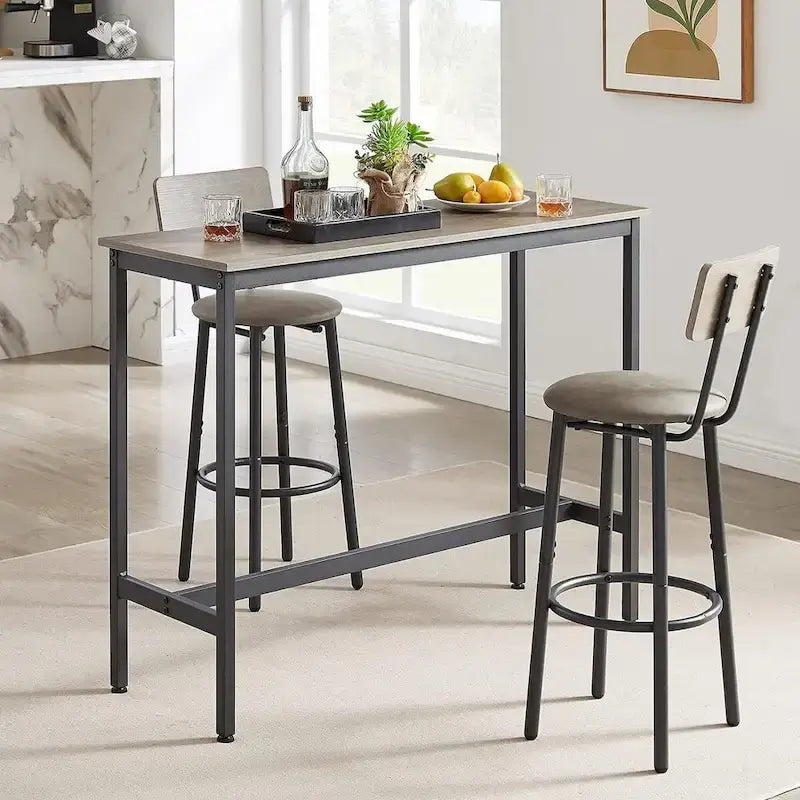 Ensemble Table de Bar et 2 Chaises 3 Pièces, Tabourets de Bar Style Industriel Assise Rembourrée en PU avec Dossier