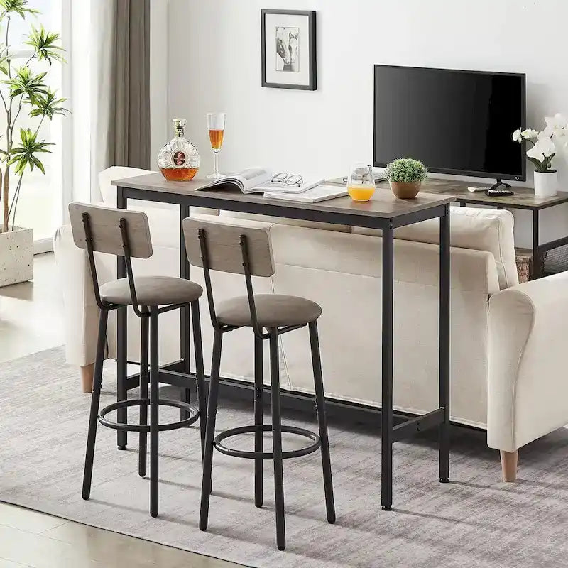 Ensemble Table de Bar et 2 Chaises 3 Pièces, Tabourets de Bar Style Industriel Assise Rembourrée en PU avec Dossier