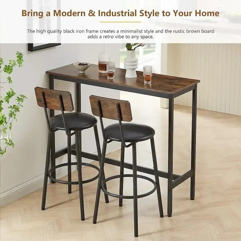 Ensemble Table de Bar et 2 Chaises 3 Pièces, Tabourets de Bar Style Industriel Assise Rembourrée en PU avec Dossier