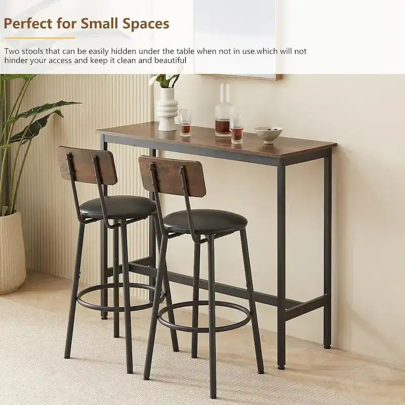 Ensemble Table de Bar et 2 Chaises 3 Pièces, Tabourets de Bar Style Industriel Assise Rembourrée en PU avec Dossier