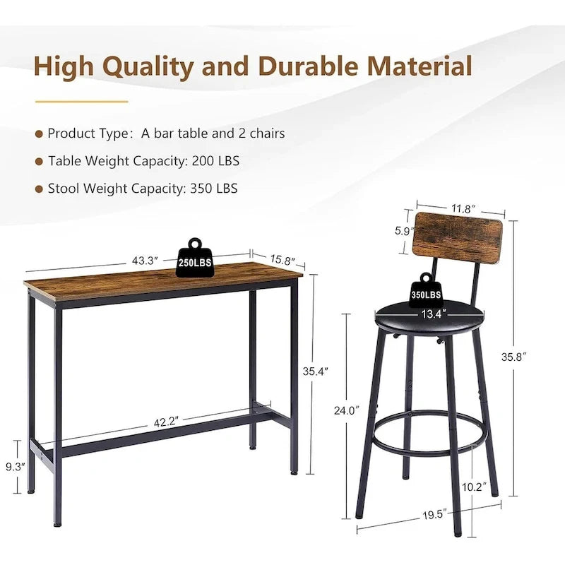 Ensemble Table de Bar et 2 Chaises 3 Pièces, Tabourets de Bar Style Industriel Assise Rembourrée en PU avec Dossier