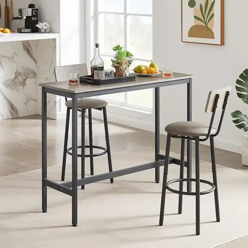 Ensemble Table de Bar et 2 Chaises 3 Pièces, Tabourets de Bar Style Industriel Assise Rembourrée en PU avec Dossier