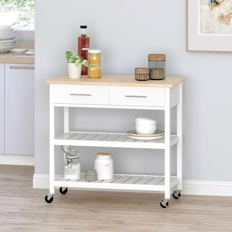 Chariot de cuisine moderne en bois blanc avec roues, tiroirs et étagères par Christopher Knight Home