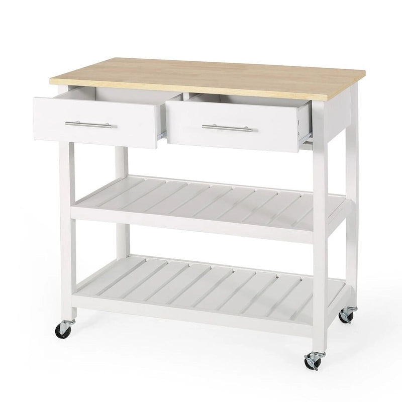 Chariot de cuisine moderne en bois blanc avec roues, tiroirs et étagères par Christopher Knight Home