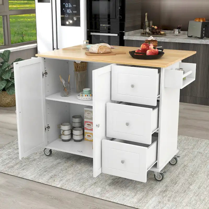 White Rolling Kitchen Island Solid Wood Top, Locking Wheels, Storage & More