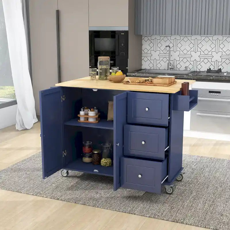 Îlot de cuisine roulant blanc avec plateau en bois massif, roues verrouillables, rangement et plus