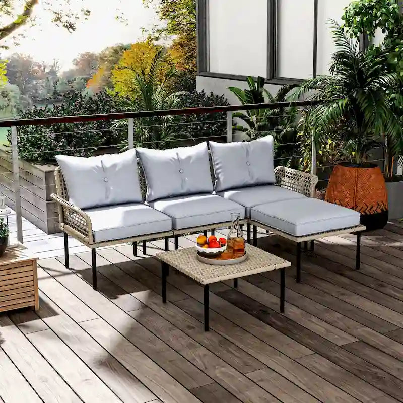 Ensemble de meubles de patio 5 pièces Outsunny, ensemble de conversation extérieur avec canapé en forme de L, coussins, pour jardin, pelouse et piscine