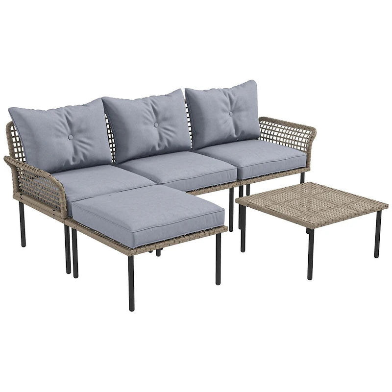 Ensemble de meubles de patio 5 pièces Outsunny, ensemble de conversation extérieur avec canapé en forme de L, coussins, pour jardin, pelouse et piscine