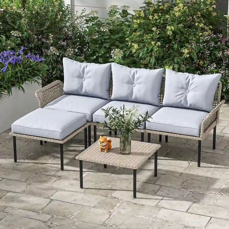 Ensemble de meubles de patio 5 pièces Outsunny, ensemble de conversation extérieur avec canapé en forme de L, coussins, pour jardin, pelouse et piscine