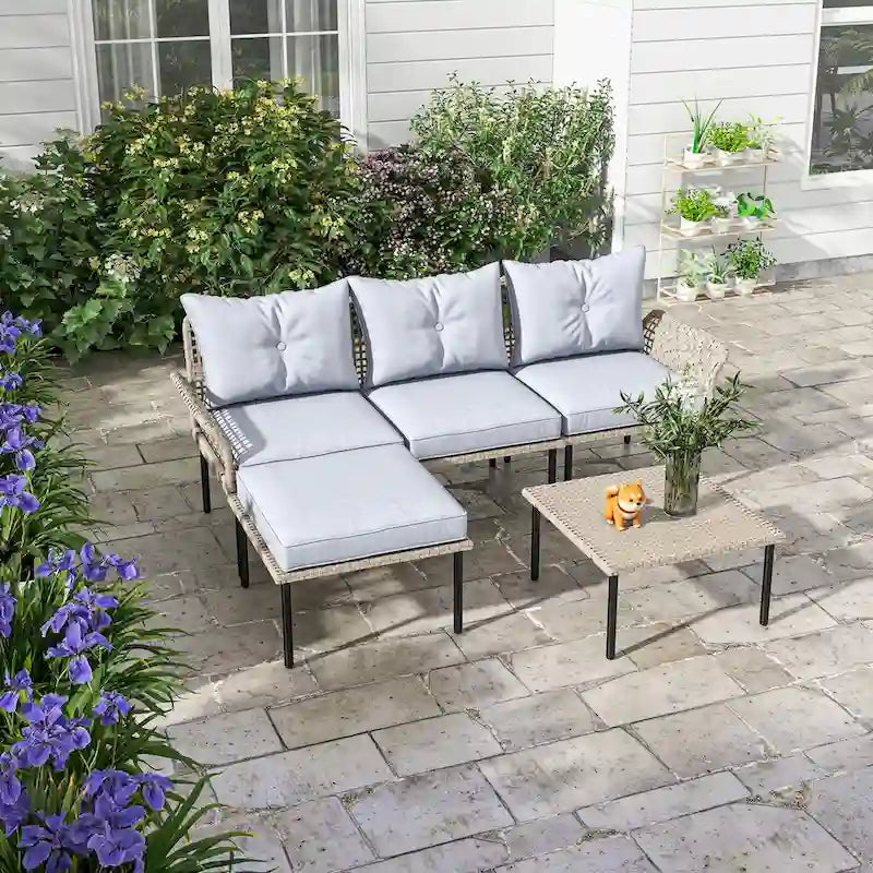 Ensemble de meubles de patio 5 pièces Outsunny, ensemble de conversation extérieur avec canapé en forme de L, coussins, pour jardin, pelouse et piscine