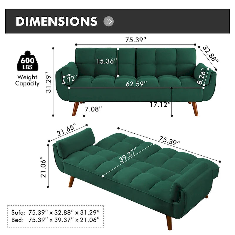 Canapé Futon, Canapé-lit Pliant Convertible avec 2 Oreillers/Accoudoirs pour Salon