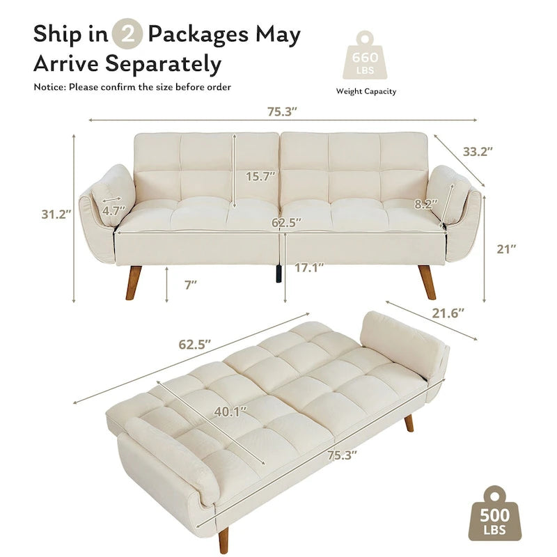 Canapé Futon, Canapé-lit Pliant Convertible avec 2 Oreillers/Accoudoirs pour Salon