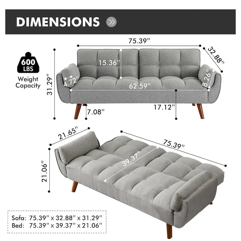 Canapé Futon, Canapé-lit Pliant Convertible avec 2 Oreillers/Accoudoirs pour Salon