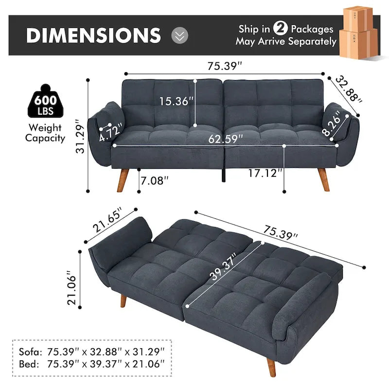 Canapé Futon, Canapé-lit Pliant Convertible avec 2 Oreillers/Accoudoirs pour Salon