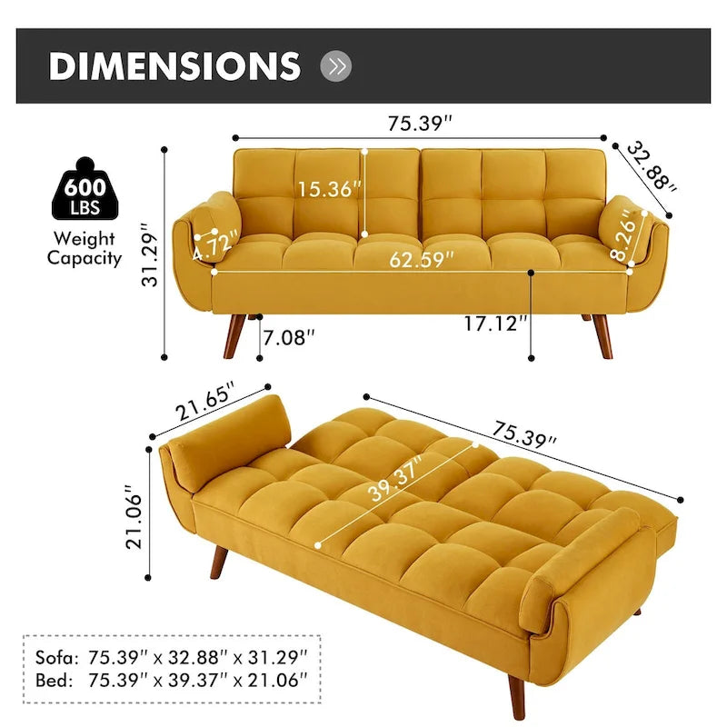 Canapé Futon, Canapé-lit Pliant Convertible avec 2 Oreillers/Accoudoirs pour Salon